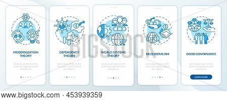 Society Theories Blue Onboarding Mobile App Screen. Global Process Walkthrough 5 Steps Graphic Instr