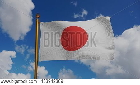 National Flag Of Japan Waving 3d Render With Flagpole And Blue Sky, Nisshoki Japan Flag Of Sun Or Hi