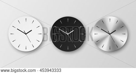 Vector 3d Realistic Round White, Black And Slver Or Chrome Steel Wall Office Clock Icon Set Isolated