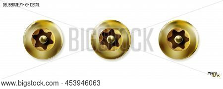 High Detalied Gold Tamper Resistant Torx Bolts Or Screws Head. Set, Isolated On White Background. Ma