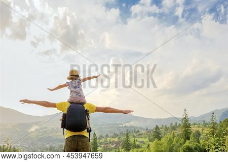 Piggyback Ride Father Child Travel Mountain Kids Freedom Child On Shoulders Dad And Daughter Father 