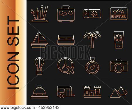 Set Line Egypt Pyramids, Photo Camera, Sunscreen Cream In Tube, Airline Ticket, Hotel Room Bed, Yach