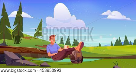 Man Relax Sitting On Mat On Green Meadow. Vector Cartoon Illustration Of Summer Rural Landscape With