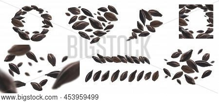 A Set Of Photos. Roasted Rye Malt Grains Levitate On A White Background