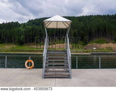 Sights Of The Modern Popular Ski Resort Of Bukovel. Lifeguard Tower On Empty Lake Of Youth Beach In 