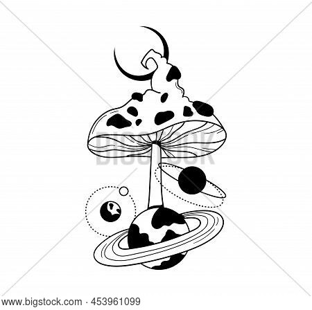 Mystical Space Mushroom And Planets Isolated Clip Art On White, Celestial Hand Drawn Line Mushroom C