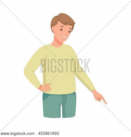 Man Character Indicating Something Pointing With Index Finger As Hand Gesture Specifying Direction V