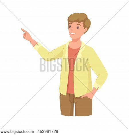 Man Character Indicating Something Pointing With Index Finger As Hand Gesture Specifying Direction V