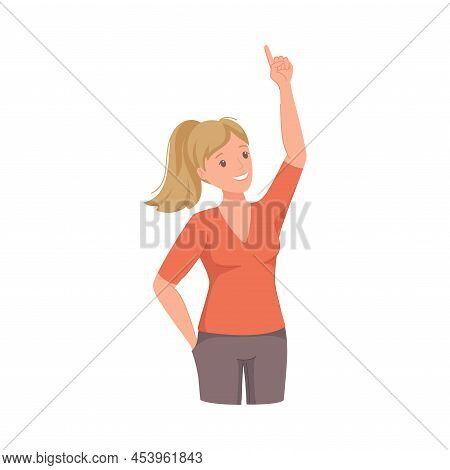 Woman Character Indicating Something Pointing With Index Finger As Hand Gesture Specifying Direction