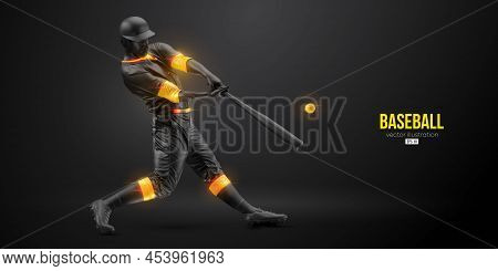 Abstract Silhouette Of A Baseball Player On Black Background. Realistic Baseball Player Batter Hits 