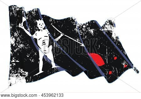 Vector Textured Grunge Illustration Of A Waving Jolly Roger Of The Pirate Blackbeard. All Elements N