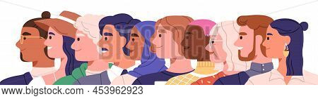 Diverse International People Faces Profiles In Row. Men And Women Group Of Different Race, Age, Appe
