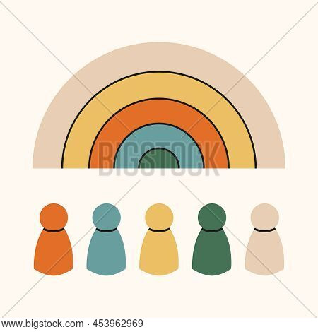 Wooden Colorful Rainbow With Men. Component Of The Development Of Montessori Education In Kindergart