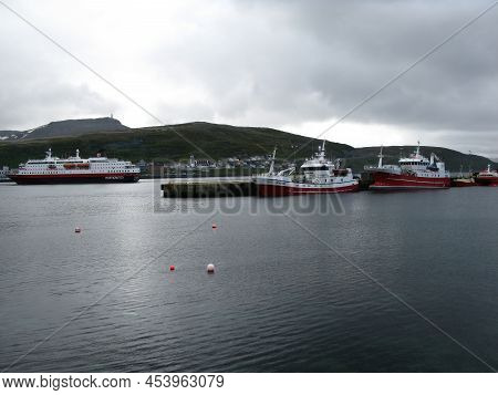 Hammerfest, Norway - June 27 2012: Hurtigruten Ro-ro - Passenger Ship Kong Harald Arriving To Hammer