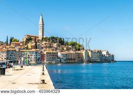 Rovinj,croatia - April 25,2022 - View At The Old Town Of Rovinj With Bell Tower Of Santa Eufemia. Ro