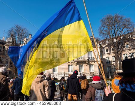Strasbourg, France - Mar 6, 2022: Large Ukrainian National Flag Waving In Front Of Russian Consulate