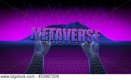 3d Metaverse Background Concept. Futuristic Digital Landscape In Virtual Reality In The Style Of Cyb