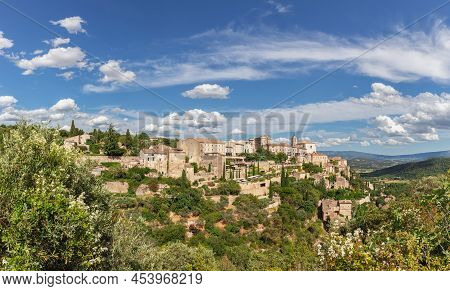 Panoramic View Of Gordes Forest Rock And Old Village On Luberon Massif In french Prealps. Vaucluse, 