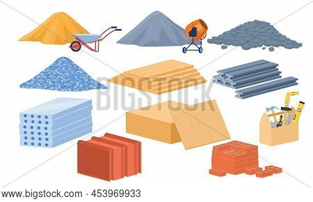 Construction Materials Set. Piles Of Sand, Cement, Stones And Gravel. Bricks And Blocks, Foundations