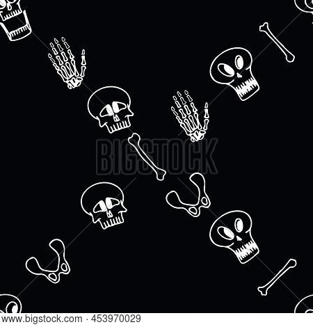Seamless Pattern Of Skull, Hand Bones, Leg Bones In Dark Background. Vector Happy Halloween Greeting