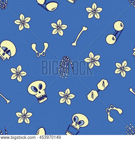 Seamless Pattern Of Skull, Hand Bones, Leg Bones And Flower On Blue Background. Vector Happy Hallowe