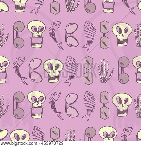 Seamless Horizontal Pattern Of Glasses, Skull, Hand, Leg And Fish Bones On Dark Blue Background. Vec