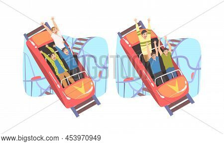 People Character Riding Roller Coaster Laughing Having Fun In Amusement Park Vector Set