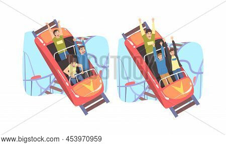 People Character Riding Roller Coaster Laughing Having Fun In Amusement Park Vector Set