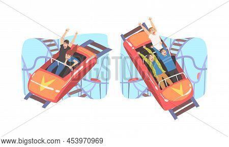 People Character Riding Roller Coaster Laughing Having Fun In Amusement Park Vector Set