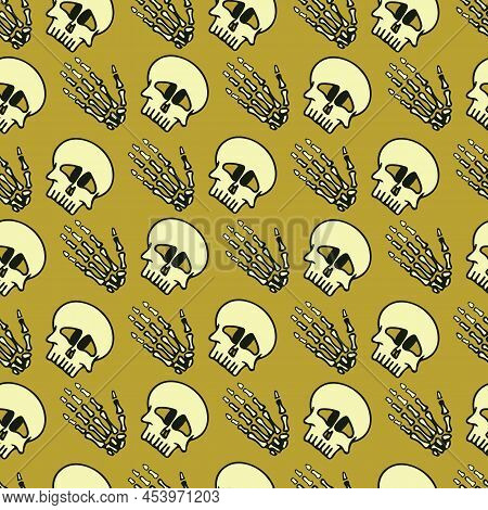Seamless Oblique Pattern Of Skull And Hands On Dark Yellow Background. Vector Happy Halloween Greeti