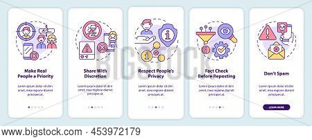 Netiquette Rules Onboarding Mobile App Screen. Online Interaction Walkthrough 5 Steps Graphic Instru