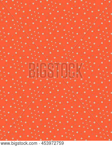 Cute Romantic Folk Pattern Of White And Blue Polka Dots And Simple Flowers On A Modest Muted Orange 