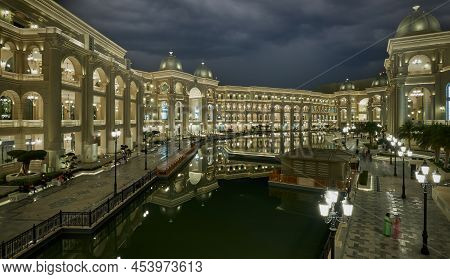 Lusail City, Qatar- April 30 2022: Place Vendome Mall  Interior View At Night Showing The Architectu