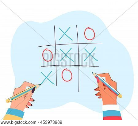 Hands Holding Pencils In Colors Of Russian And Ukrainian Flags. People Playing Oughts And Crosses Fl