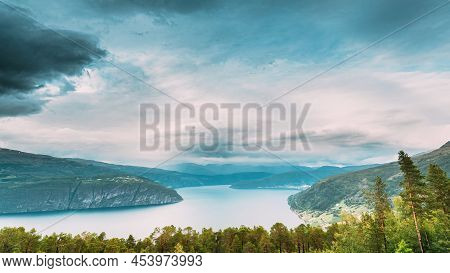 Utvik, Sogn Og Fjordane County, Norway. Norwegian Mountain Lake Landscape. The Innvikfjord Is A Sub-