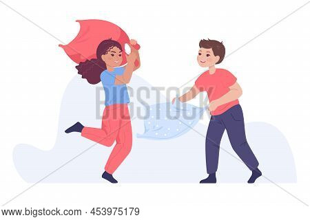 Adorable Kids Having Fun Together While Fighting Using Pillows. Boy And Girl Characters Having Pillo
