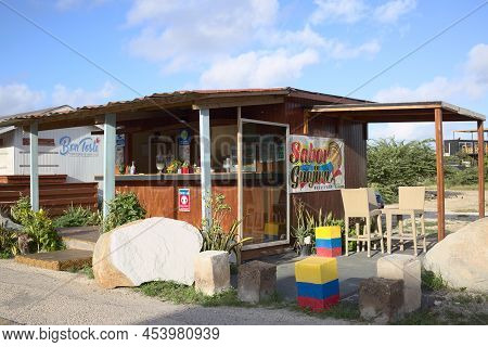 Oranjestad, Aruba - December 14, 2020: Sabor Guajiro Dushi Food Stand Offering Colombian Dishes And 