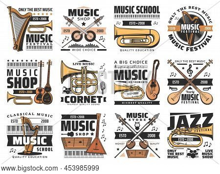 Music Instruments, Concert And Live Festival Or Shop Vector Icons. Music Instruments Emblems For Mus