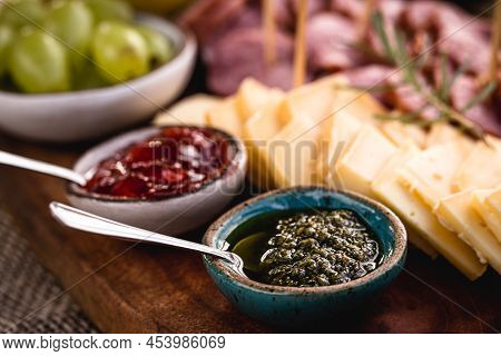 Pesto Sauce, An Italian Sauce, Made From Ground Basil Leaves With Pinus Pinea Pine Nuts, Garlic And 