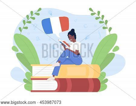 Reading Book To Learn French 2d Vector Isolated Illustration. Student Flat Character On Cartoon Back