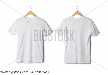 White T Shirt Mockup Hanging Isolated On White Background With Clipping Path.