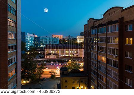 Beautiful Aerial View Of Illuminated Apartment Buildings And The Regional Clinic Hospital 