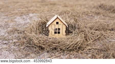 Realistic Wooden House Model Placed In A Bird's Nest On The Ground. Converting Home Into A Cozy Fami