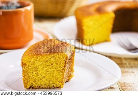 Slice Of Cornmeal Cake, Traditional Corn Cake From Brazil In The June Festivities