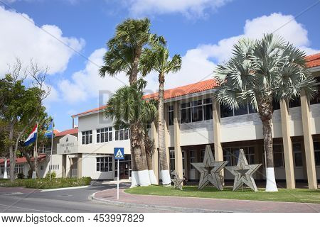 Oranjestad, Aruba - December 16, 2020: The Parliament Building Of Aruba In The City Center Of Oranje