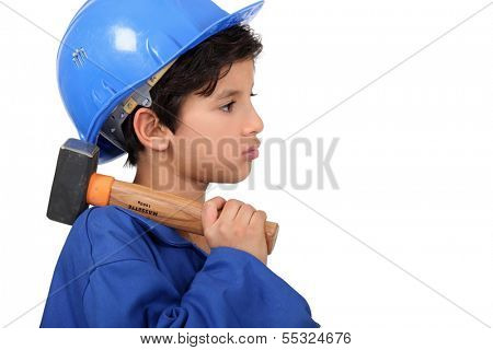 Child pretending to be a construction worker