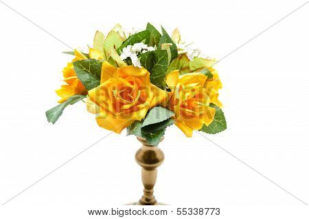 Orange Flowers with Green Sheets and Candle Holder on white background