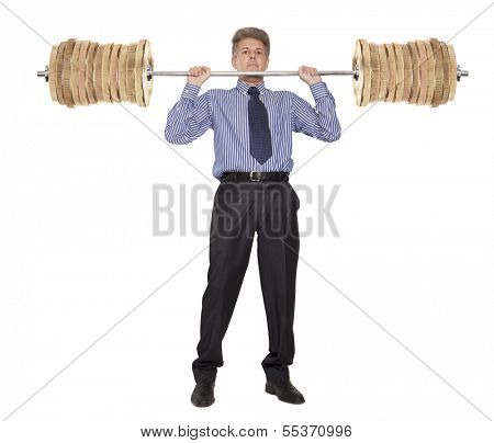 Concept of earning of a businessman who raises money as weights 