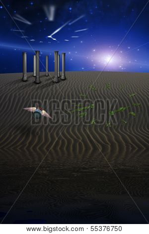 A Soup Can with Wings Flys Through Surreal Landscape