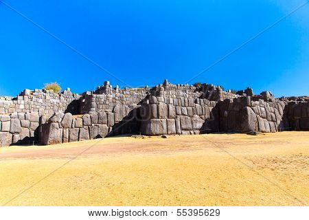 Inca Wall In Saqsaywaman, Peru, South America. Example Of Polygonal Masonry. The Famous 32 Angles St